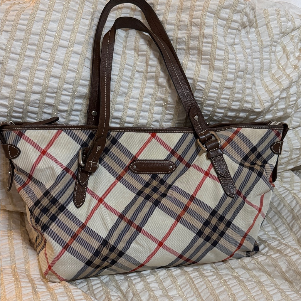 Burberry Nova Check Blue Label Tote Bag Nylon Beige Silver Hardware Coa